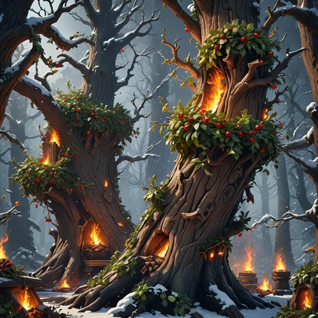 Yule Log and Mistletoe in Detailed Matte Painting