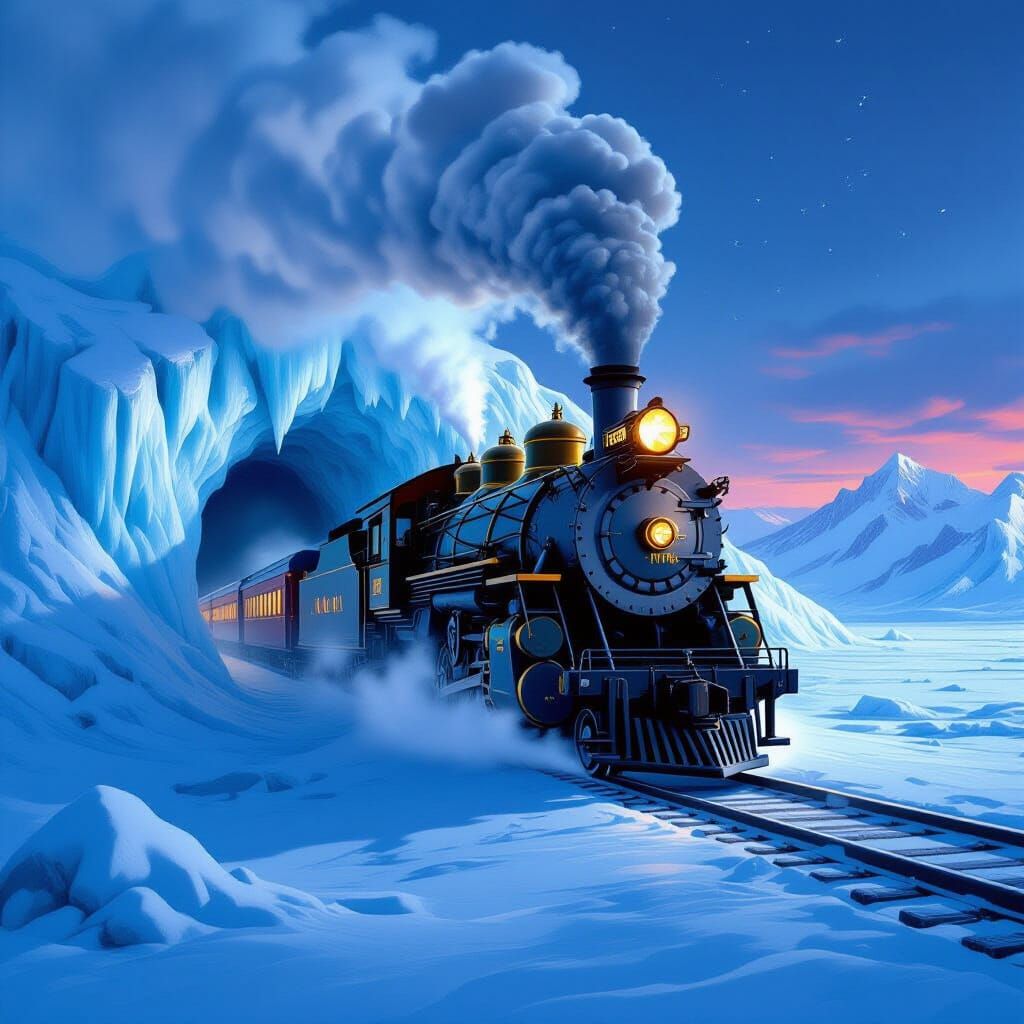 Old-Fashioned Train Emerges From Glacier Tunnel Mystical Aur...