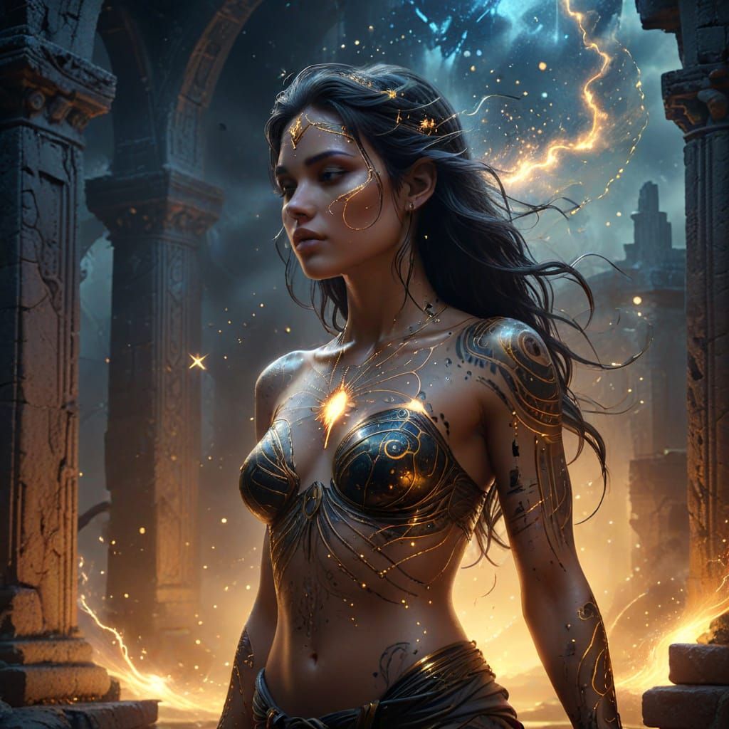 Woman With Glowing Tattoos In Misty Ruins
