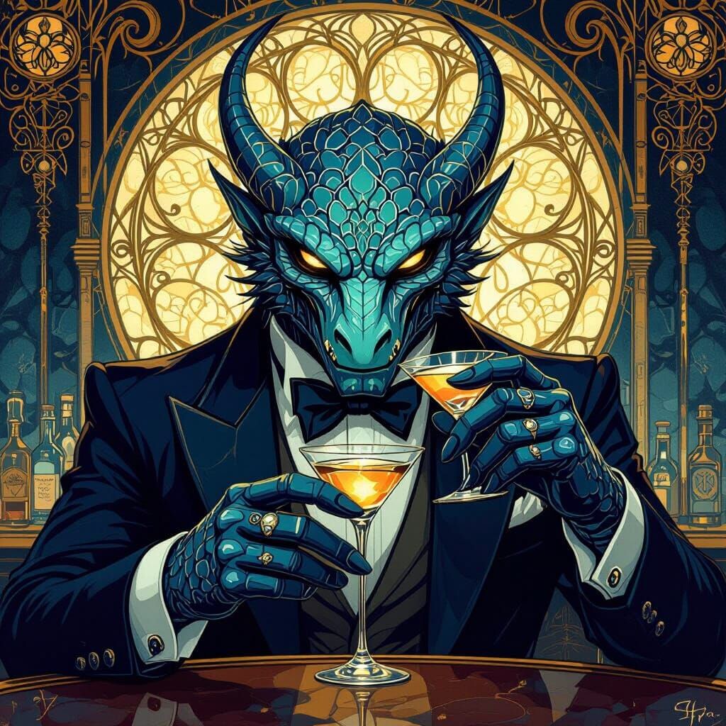 Art Nouveau Kaju Monster Sipping a Martini