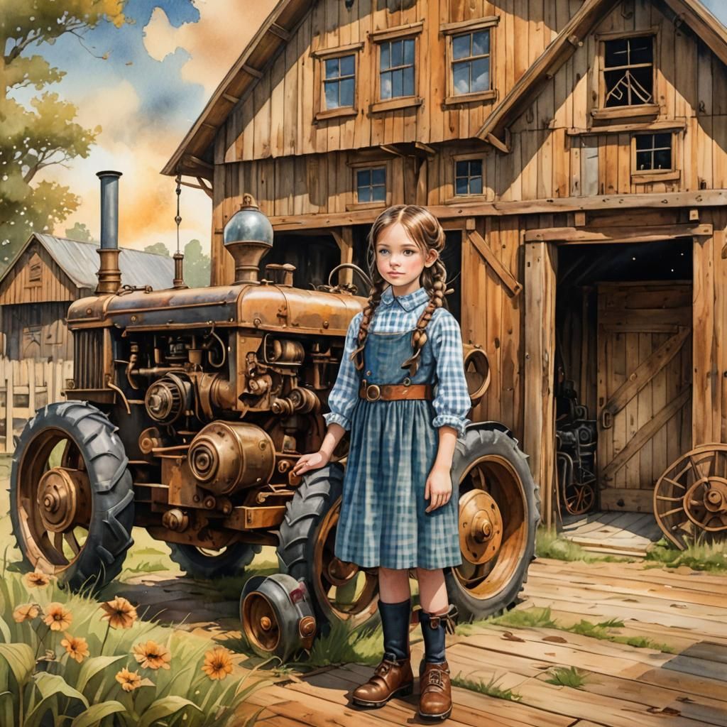 Steampunk Girl with Tractor Watercolor Illustration