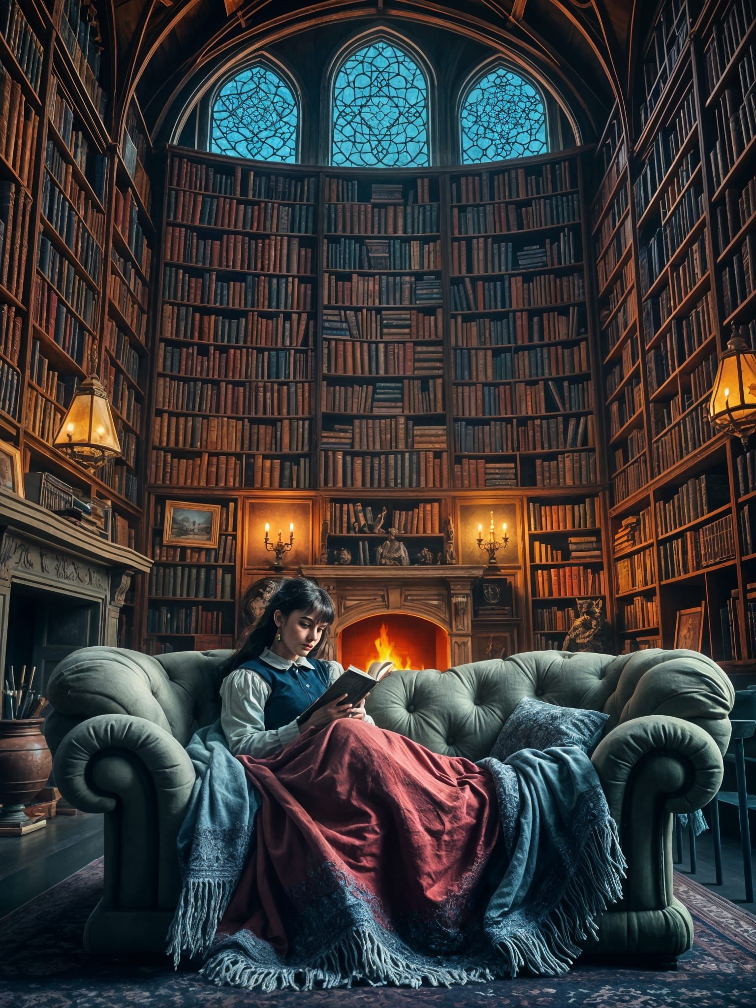 Cozy Victorian Woman and Magical Library