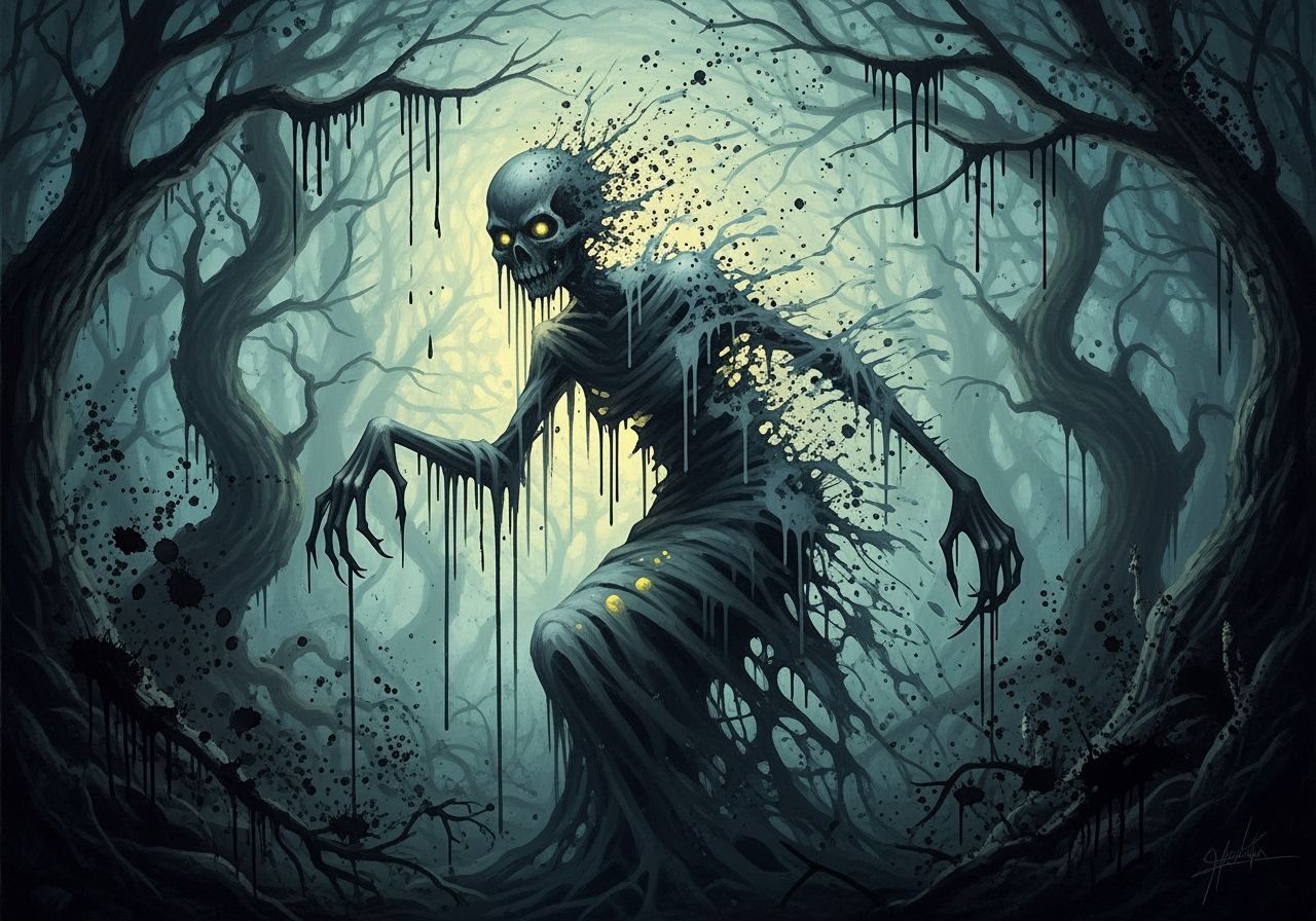 Ethereal Phantom in Dark Woods Horror Painting