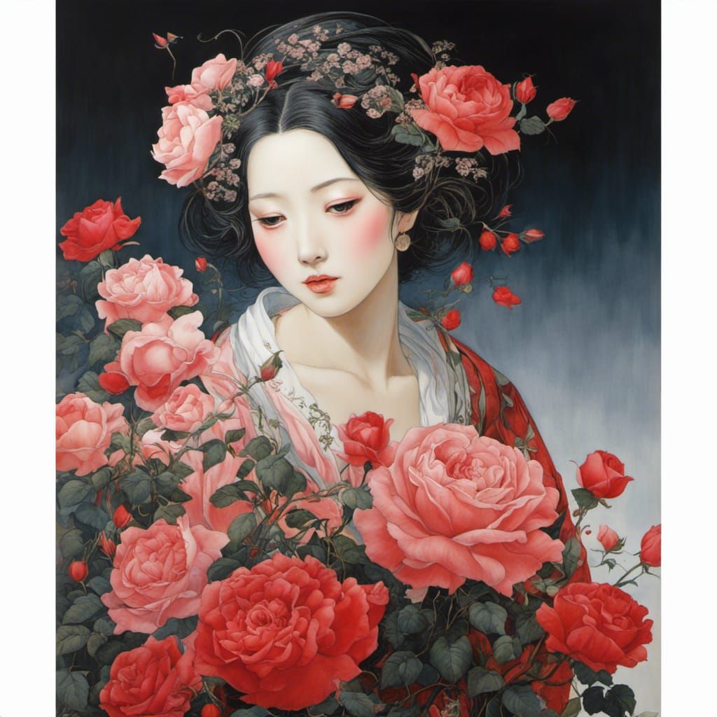 Ethereal Woman in Rosarium, Art Nouveau Style