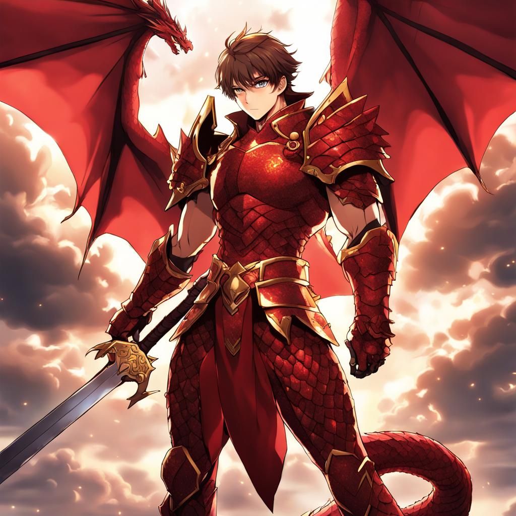 Anime Warrior in Dragon Armor with Golden Sword