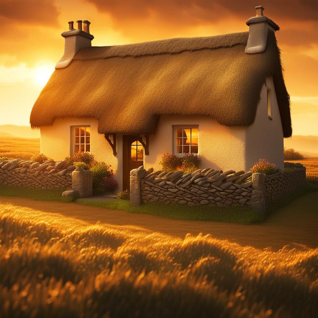 Irish Thatch Cottage at Golden Sunset