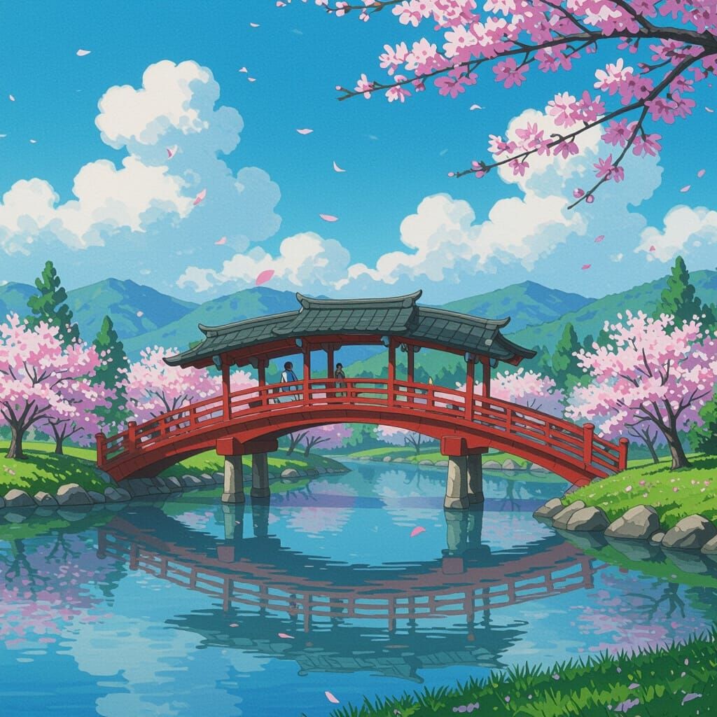 Korean Bridge with Cherry Blossoms in Animated Style
