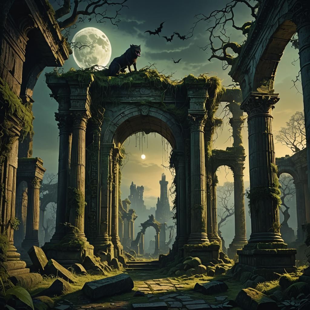 Eerie Crescent Moonlit Ruins with Werewolf