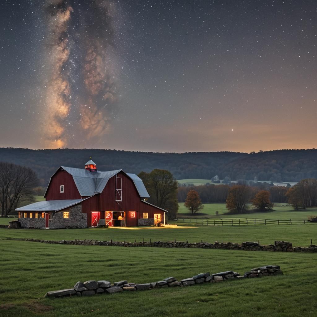 Illuminated Pennsylvania Stone Barn at Night