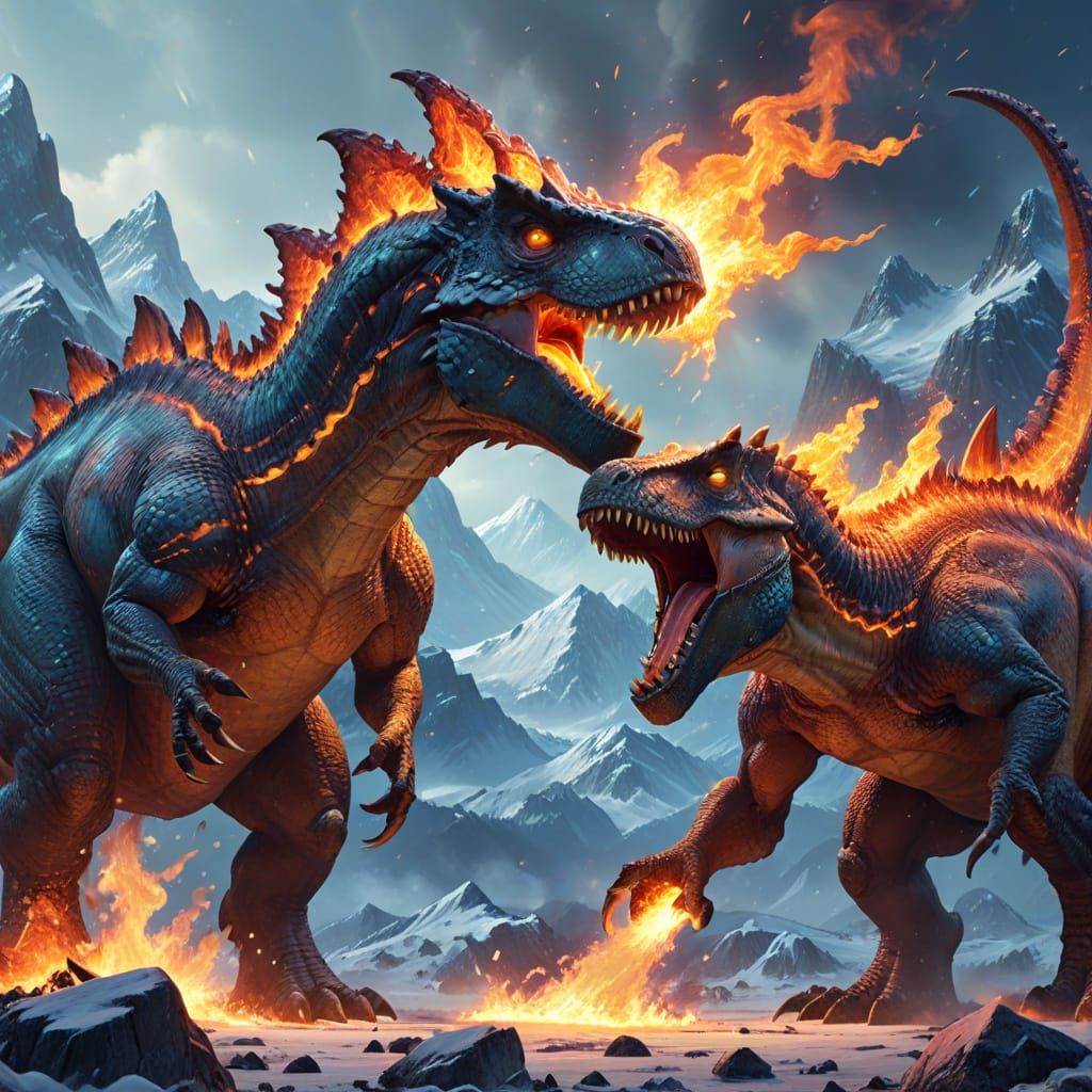 Ice Dinosaur vs Fire Dinosaur in Digital Art