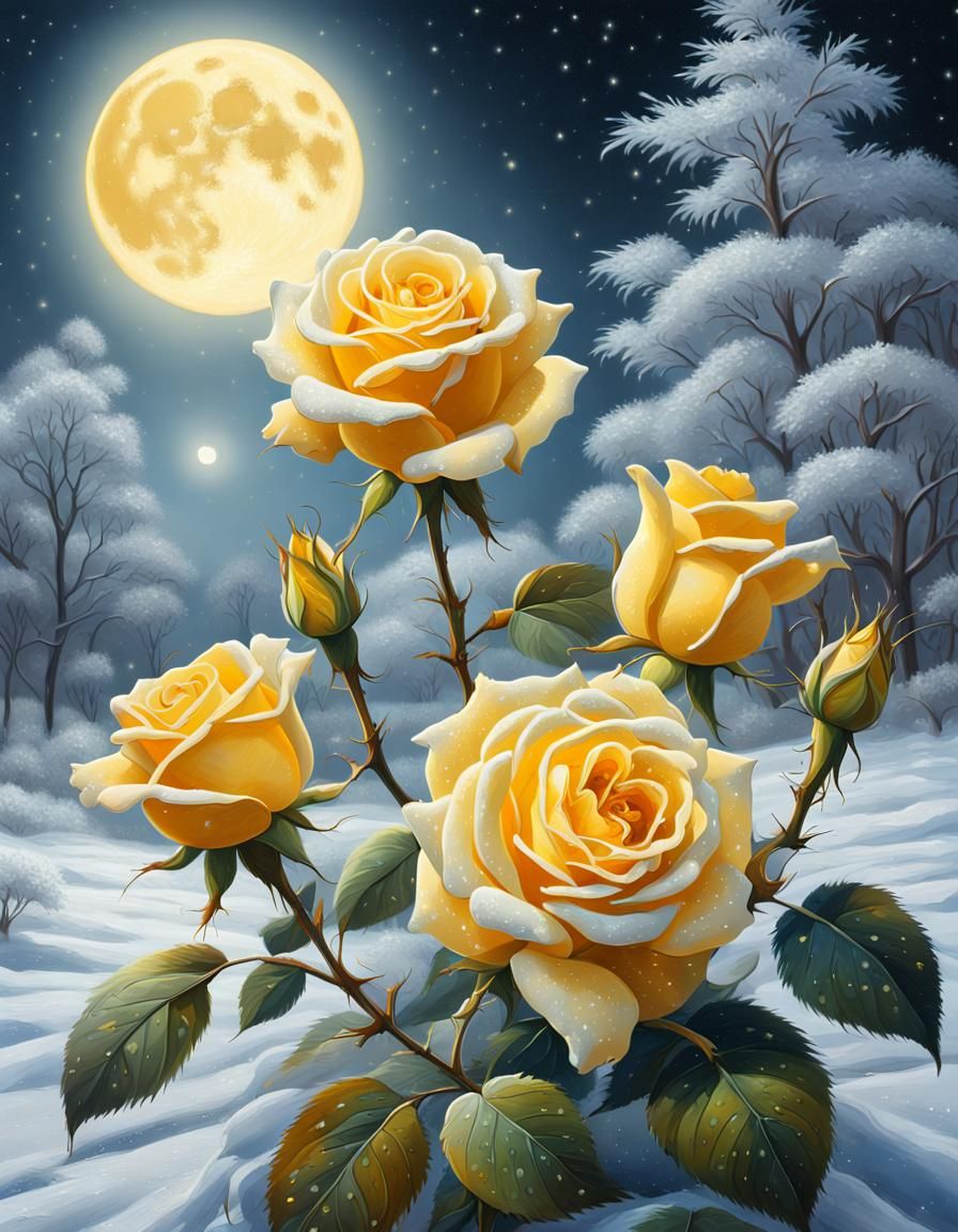Glittery Yellow Roses with Moonlit Winter Scenery