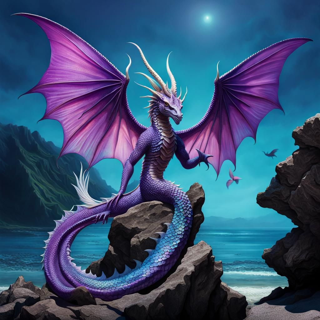 Dragon-Fish Hybrid on Rocky Shoreline