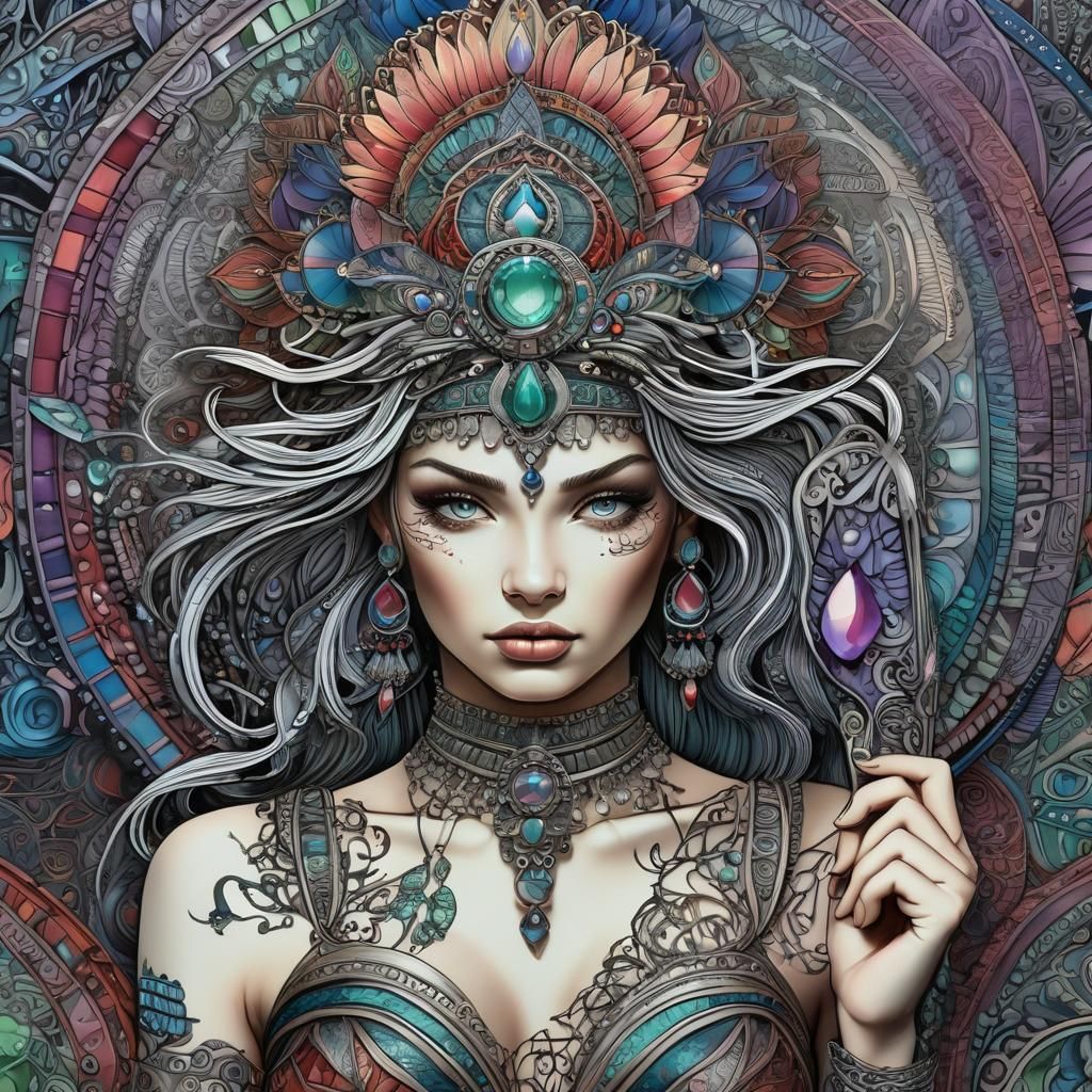 Mystical Zentangle Warrior Woman in Jewel Tones