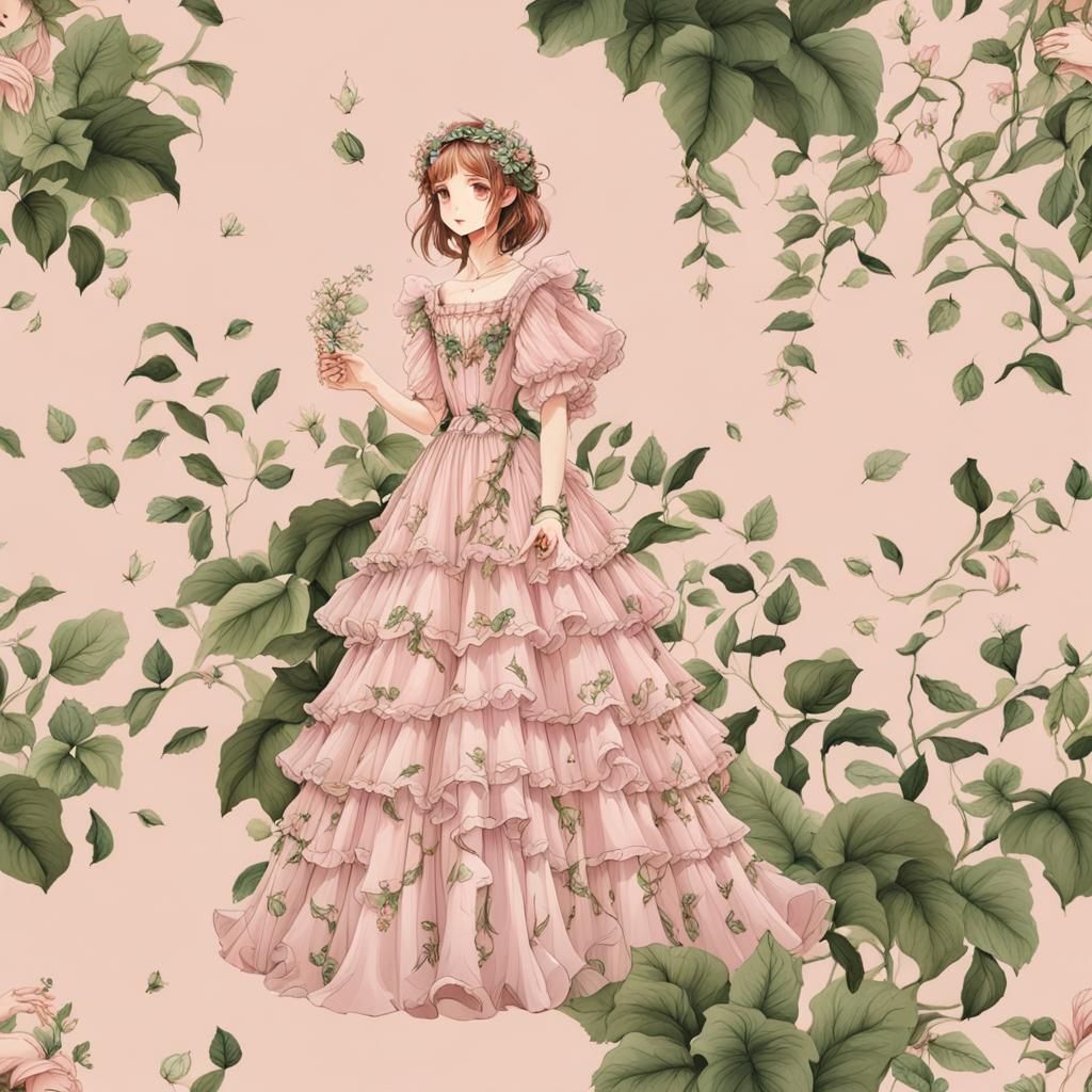 Fairycore Dress with Vines and Ruffles in Pink