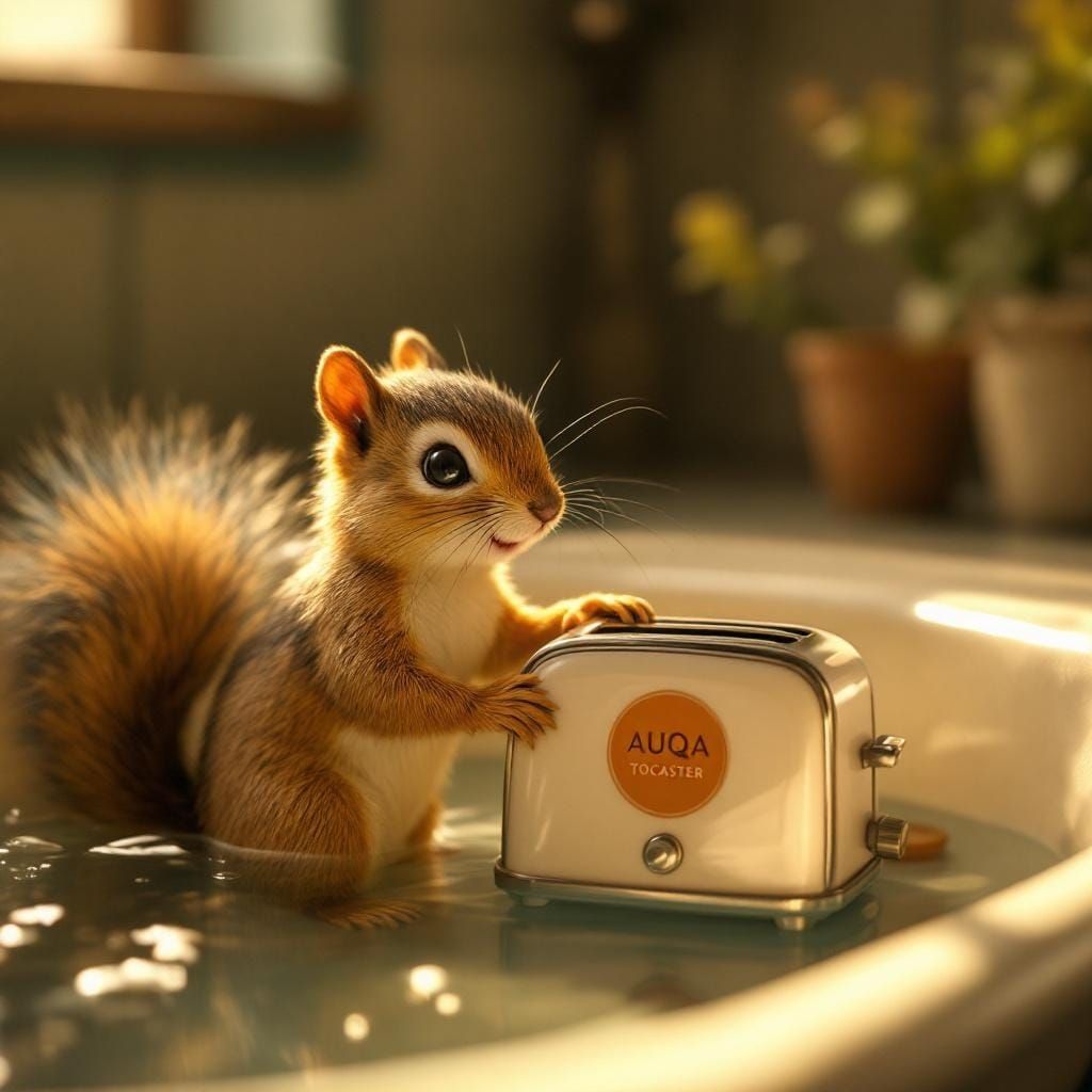 Squirrel in Bathtub with Toaster Toy, Whimsical Style