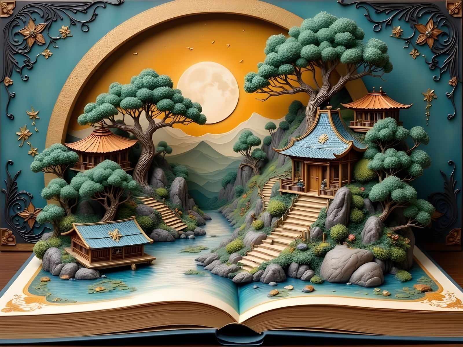 Pop-Up Book with Ancient Chinese Landscapes in Ukiyo-e Style