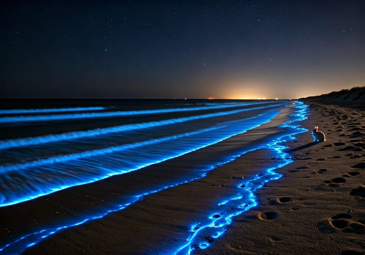 Bioluminescent Waves Light Shoreline at Night