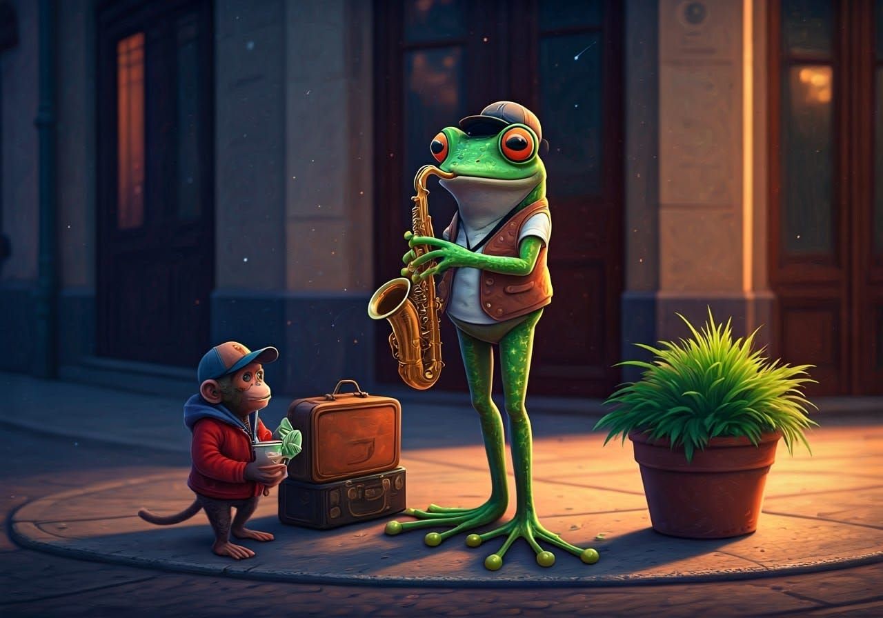 Frog Saxophonist and Monkey Duo in Holographic Illustration