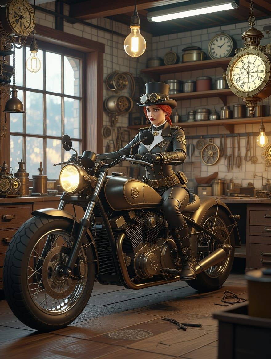 Steampunk Lady Soldier Repairs Vintage Motorbike in Elegant ...