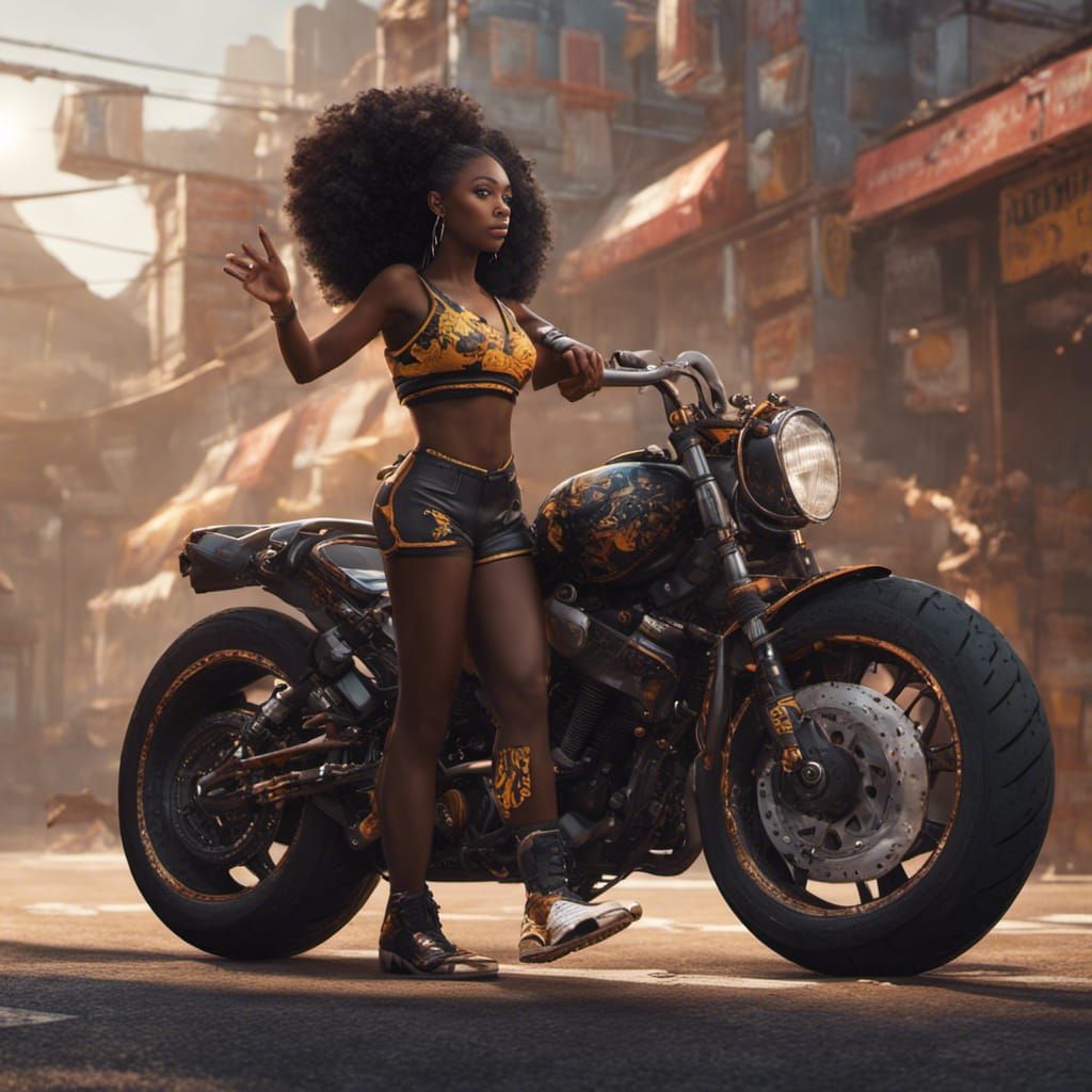Black Cheerleader on Motorcycle: Fantasy Concept Art
