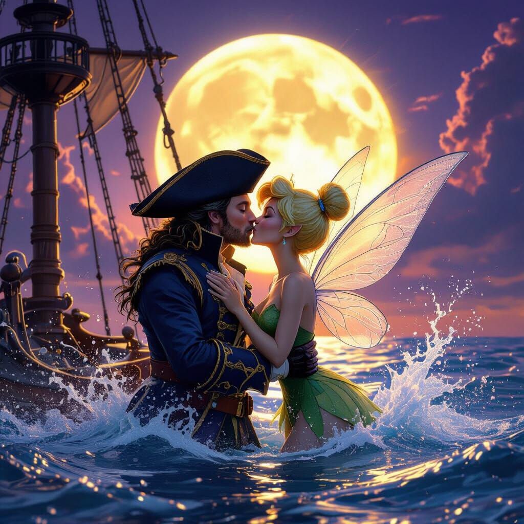 Tinkerbell Kisses Captain Hook Amidst Epic Fantasy Scene