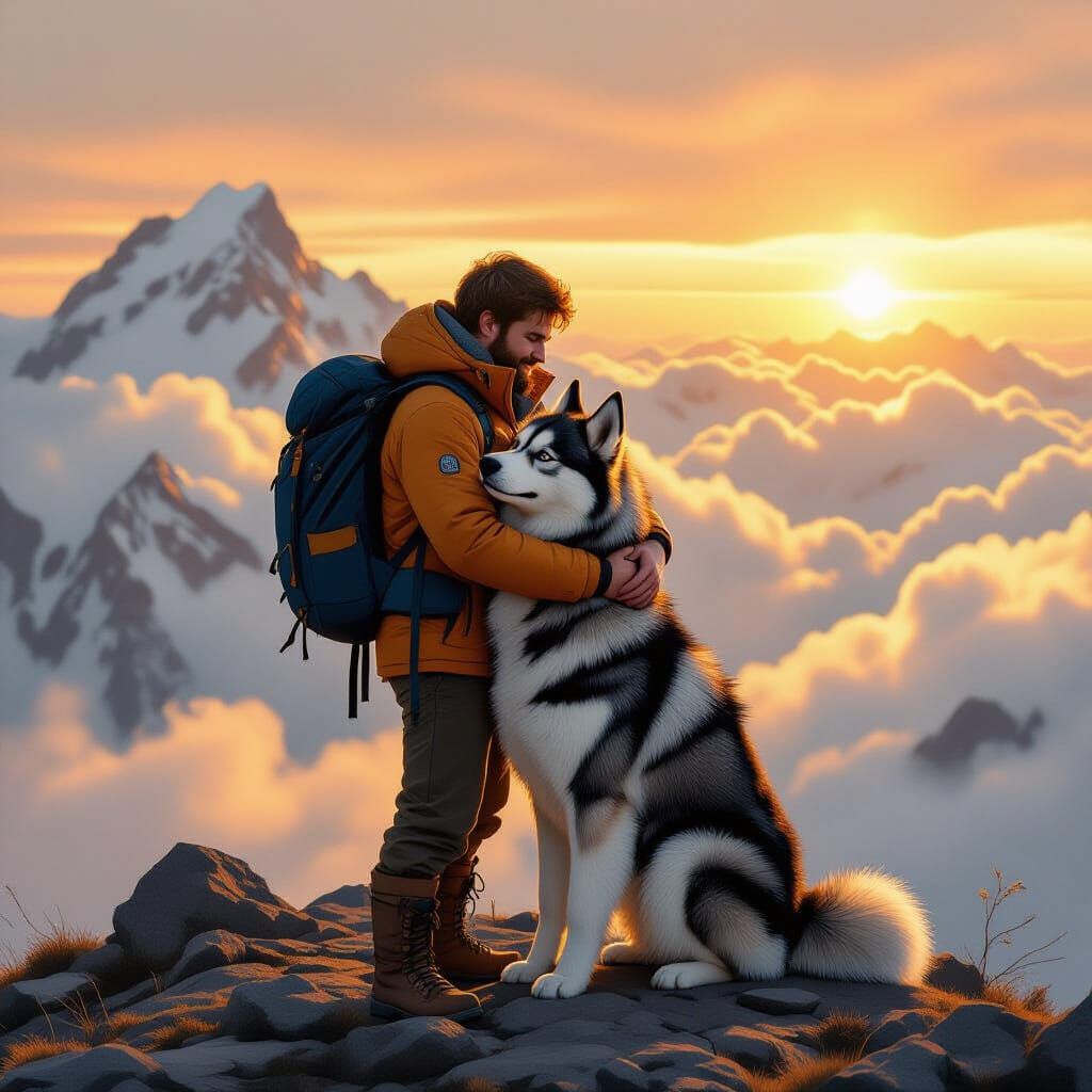 Man and Husky at Mountain Summit, Digital Painting