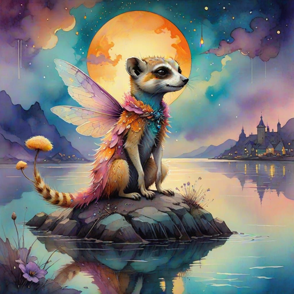 Fairy Riding a Meercat in Watercolor Storybook Style