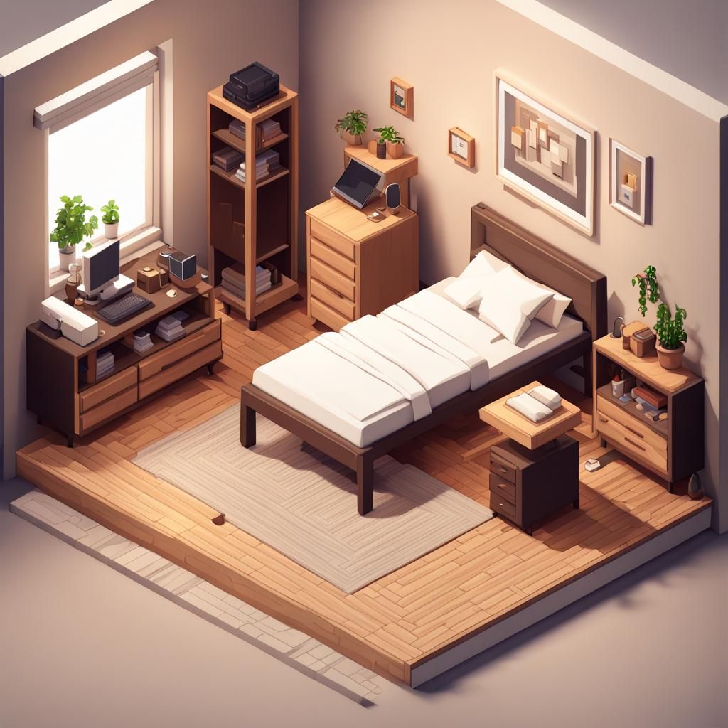 Detailed Pixel Art Isometric Bedroom in 3D Render