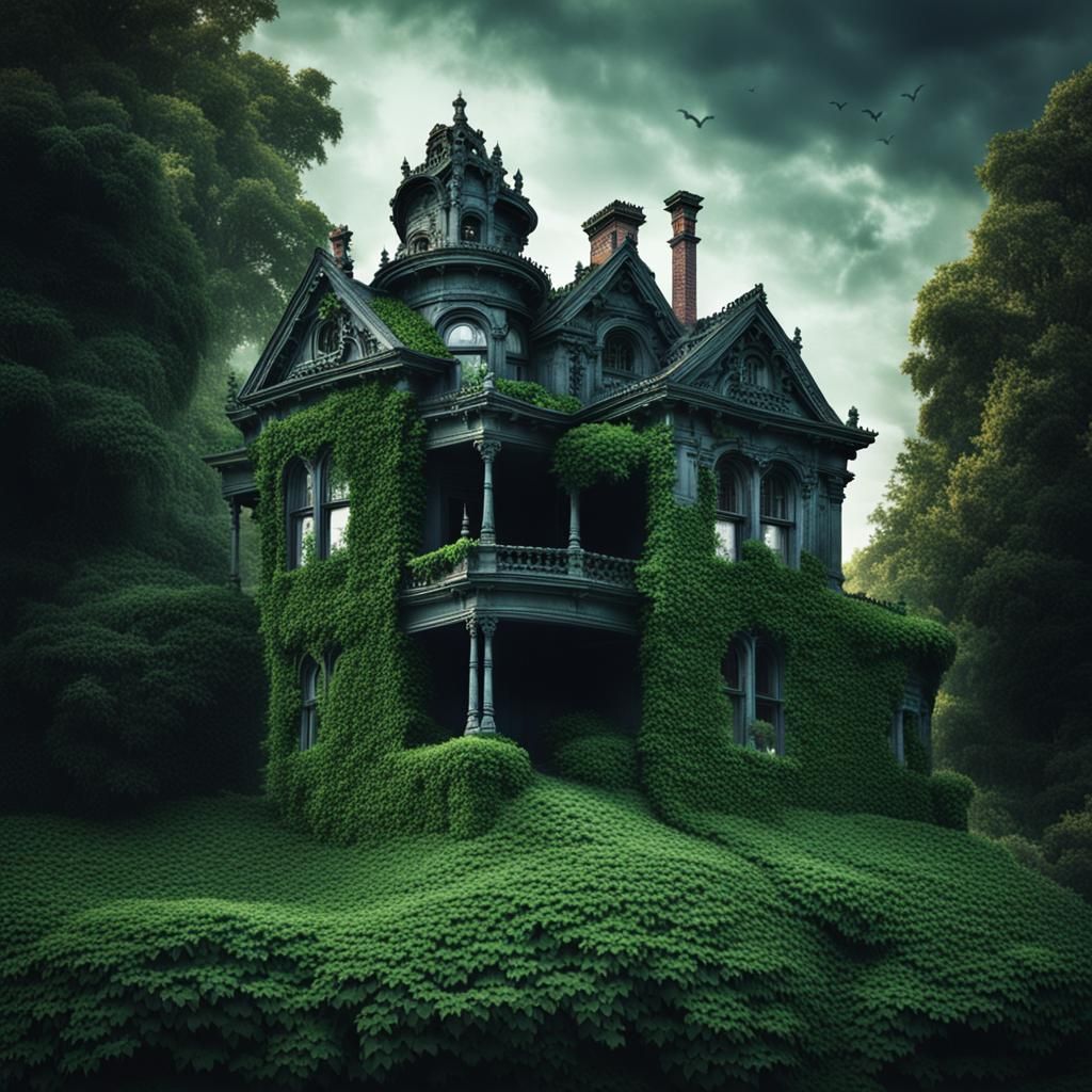 Creepy Haunted Mansion with Overgrown Ivy