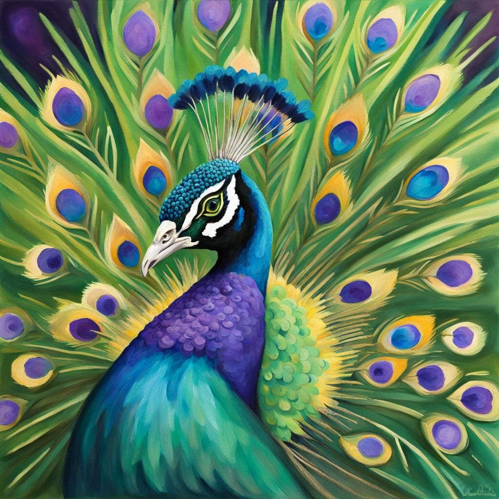 Green Peacock Displaying Plumage as Impasto Gouache