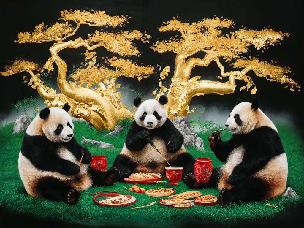 Pandas Picnic in Dark Velvet Painting Style