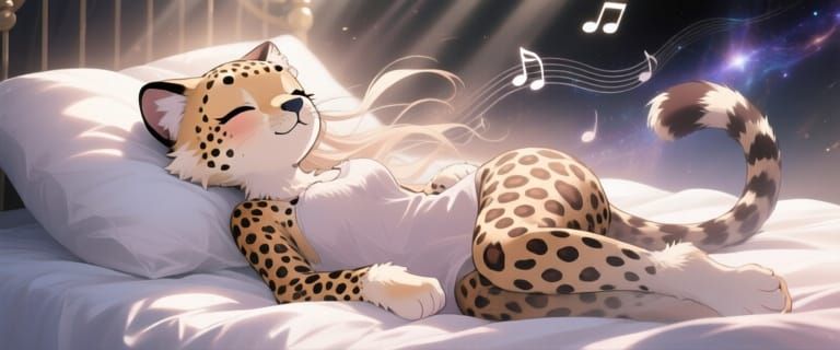 Anthropomorphic Cheetah Girl Listening to Music