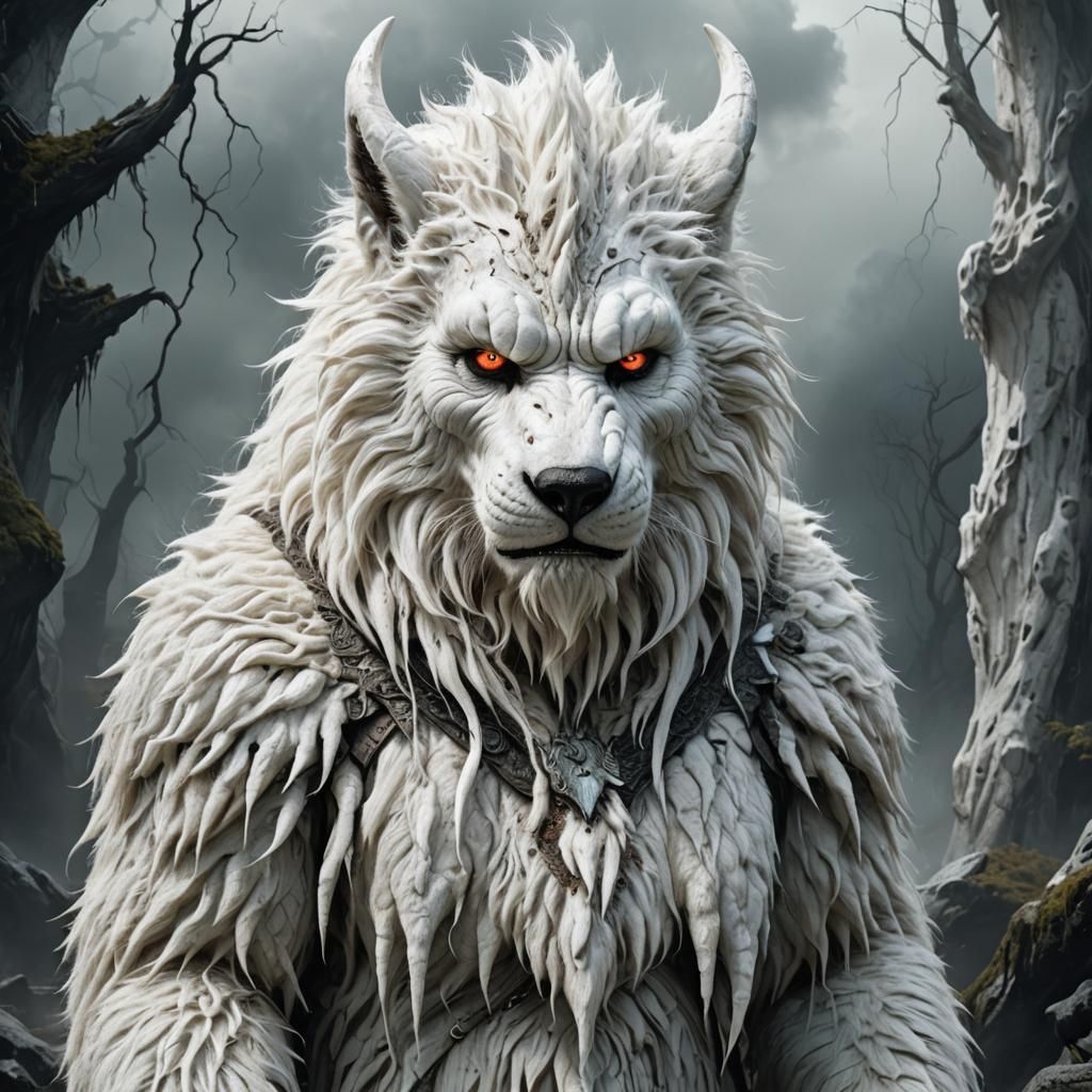 Sad White Furry Monster in Detailed Digital Painting