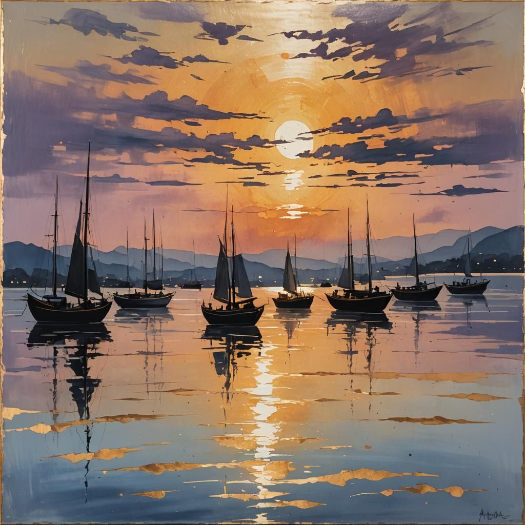 Golden Hour Silhouettes: Boats on Water in Gold Leaf