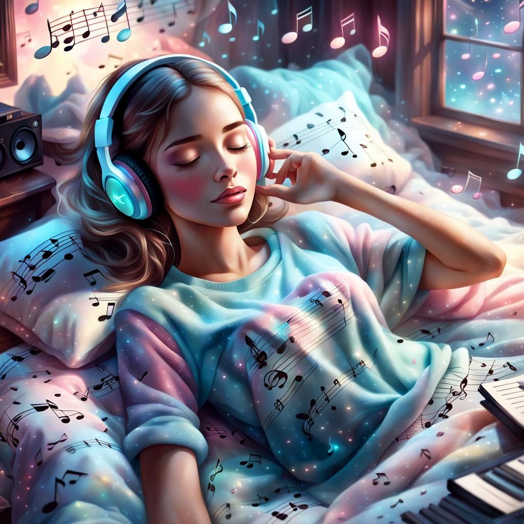 Dreamy Girl with Music Notes in Pastel Colors