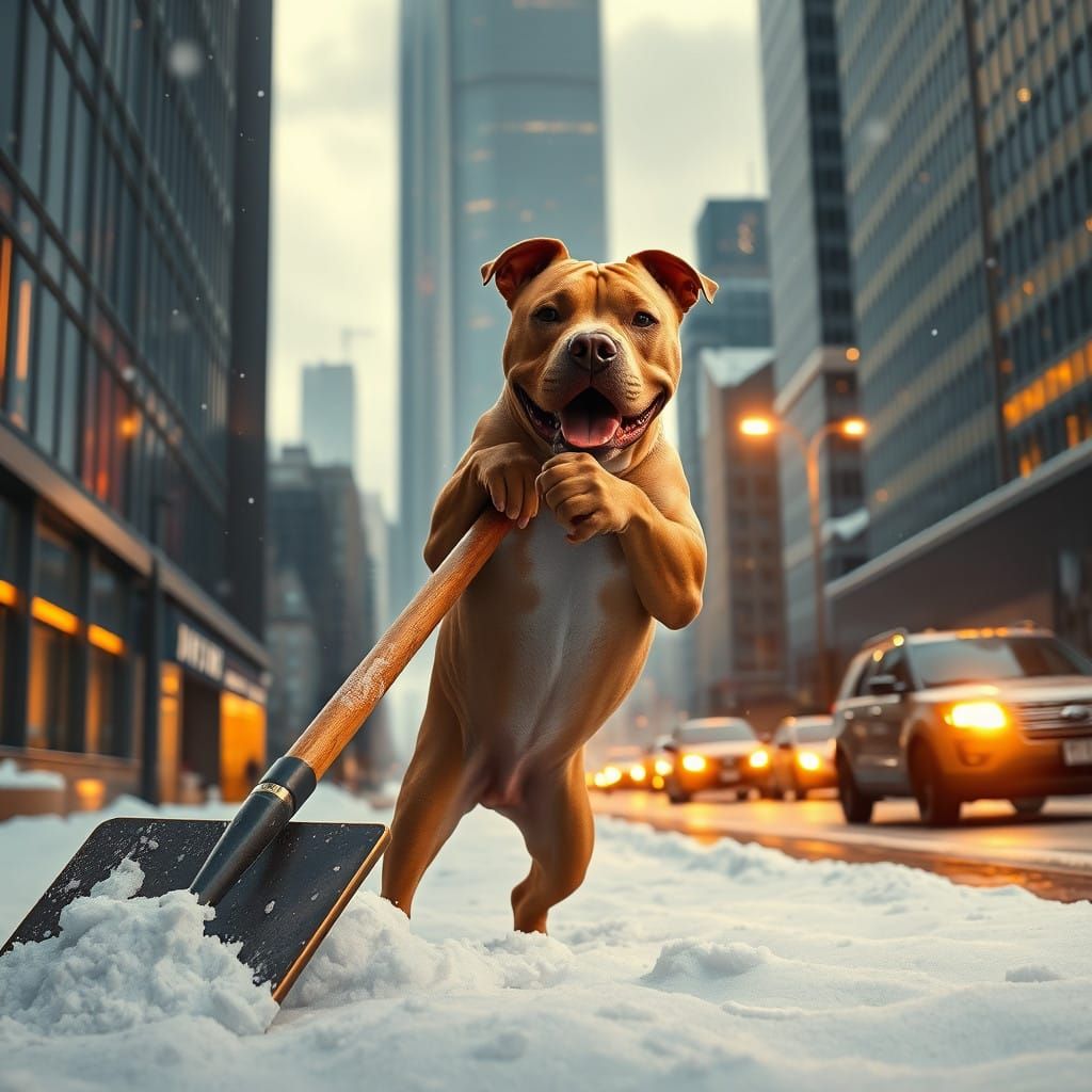 Vibrant Pitbull Terrier Sweeps City Streets in Snowy Splendo...