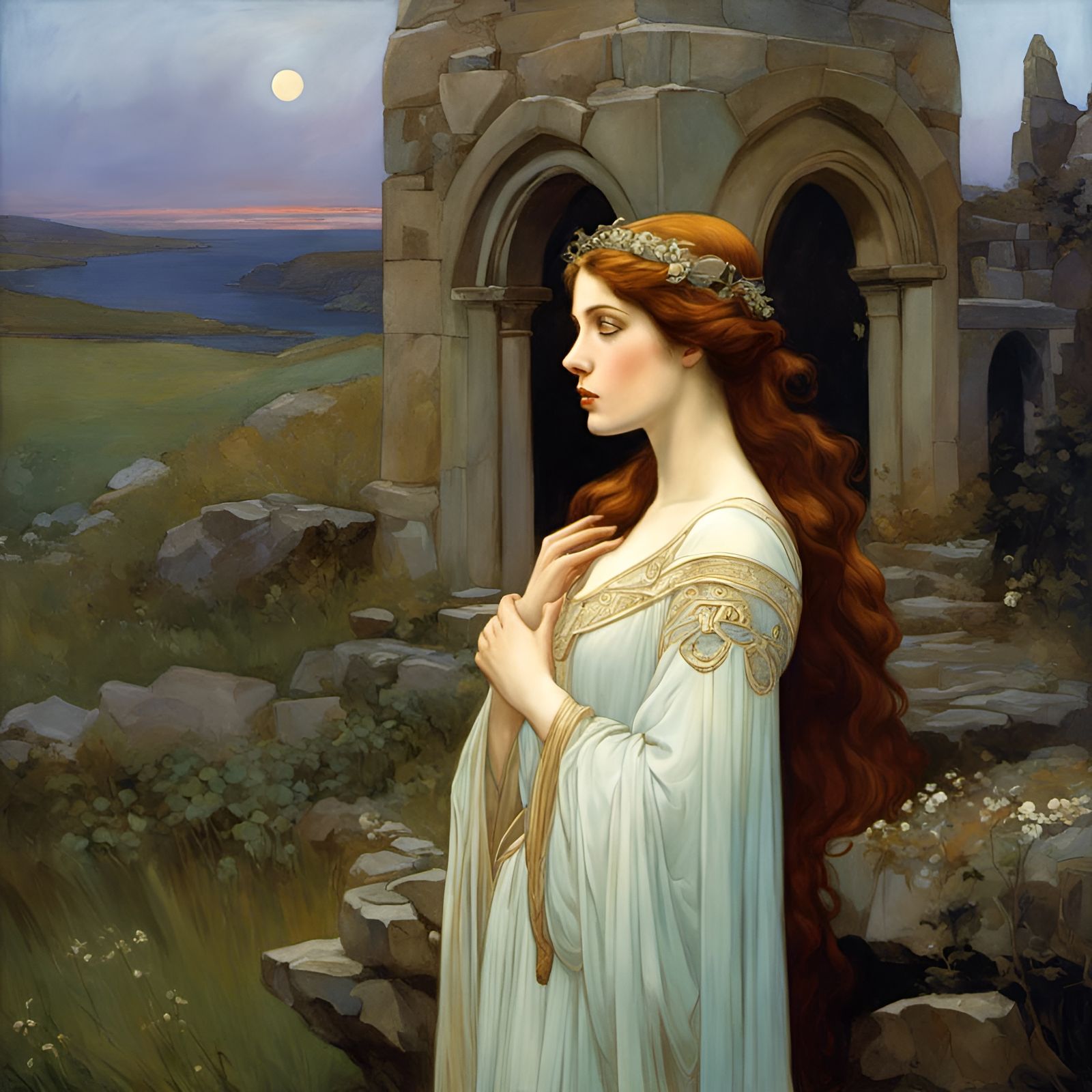 Tragic Woman Haunting Ruins: Pre-Raphaelite Art Nouveau