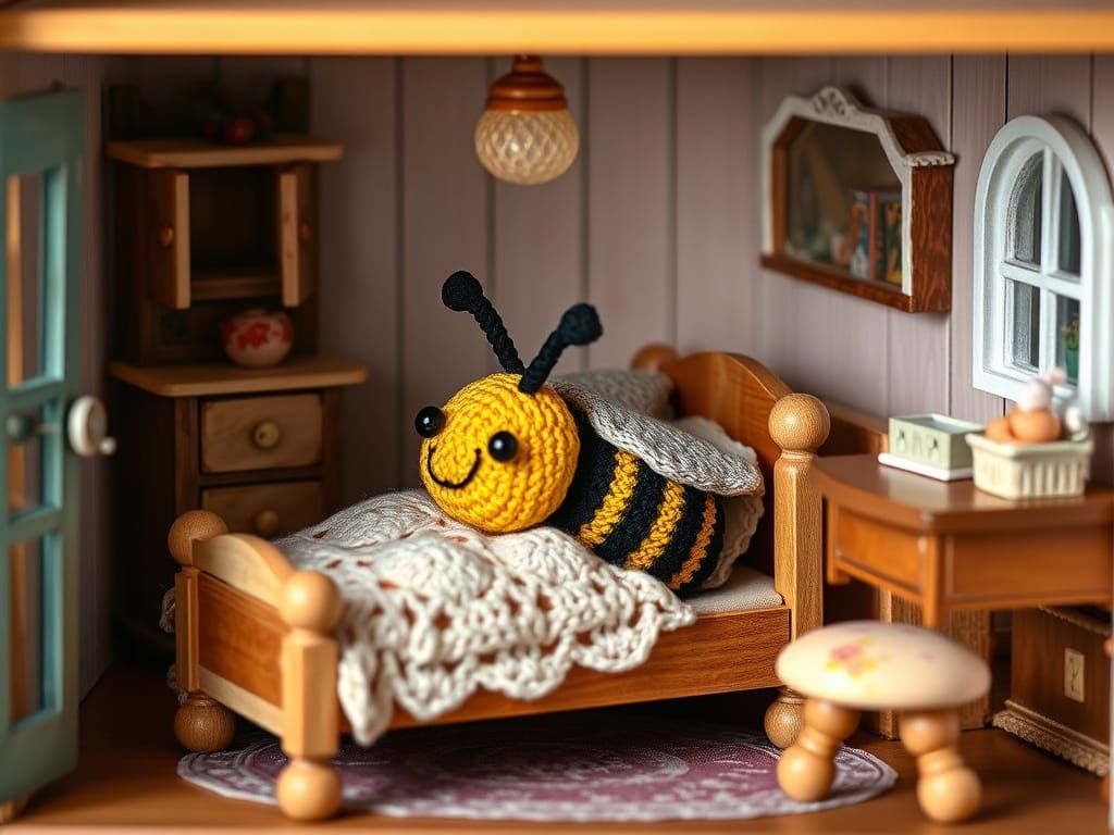 Crocheted Bee in Cozy Dollhouse Bed: Photo