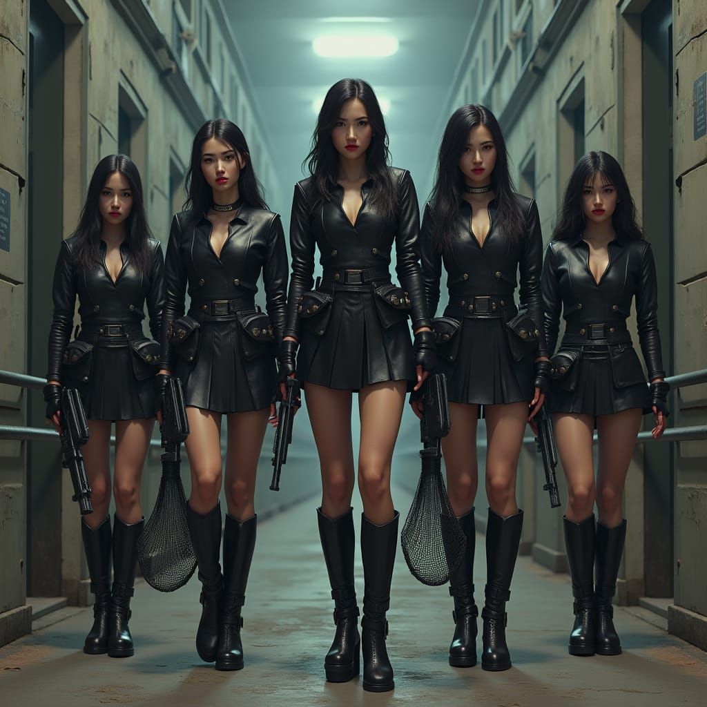 Confident Female Prison Guards in Black Leather Uniforms