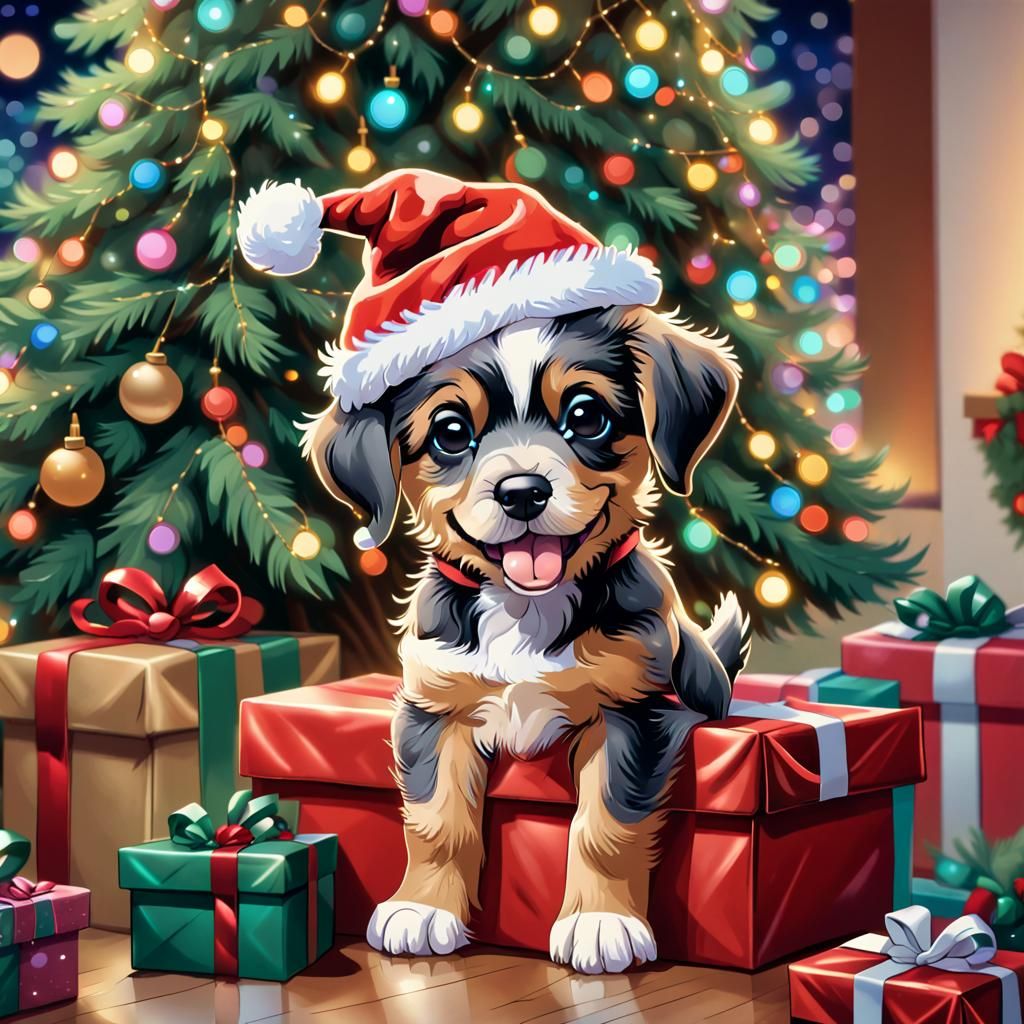 Ultra Cute Puppy with Christmas Present