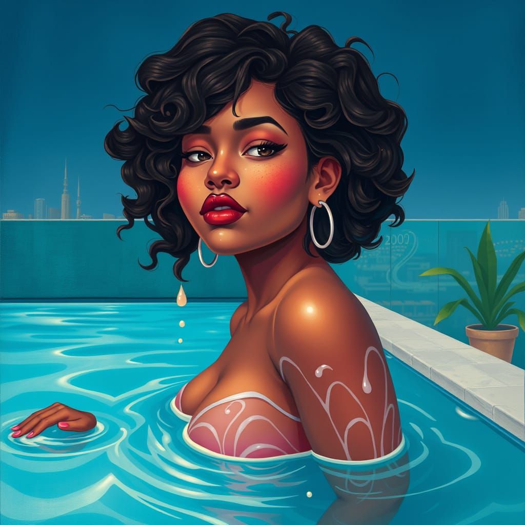Curvy Woman in Rooftop Pool, Gouache Swirls Style