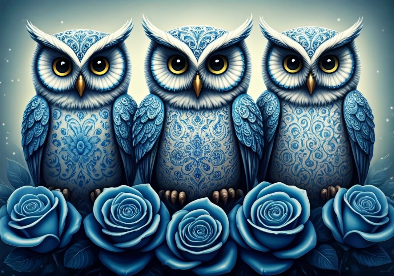 Blue Delft Owls on Porcelain Roses