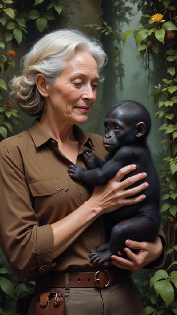 Jane Goodall and Baby Gorilla Portrait in Drew Struzan Style