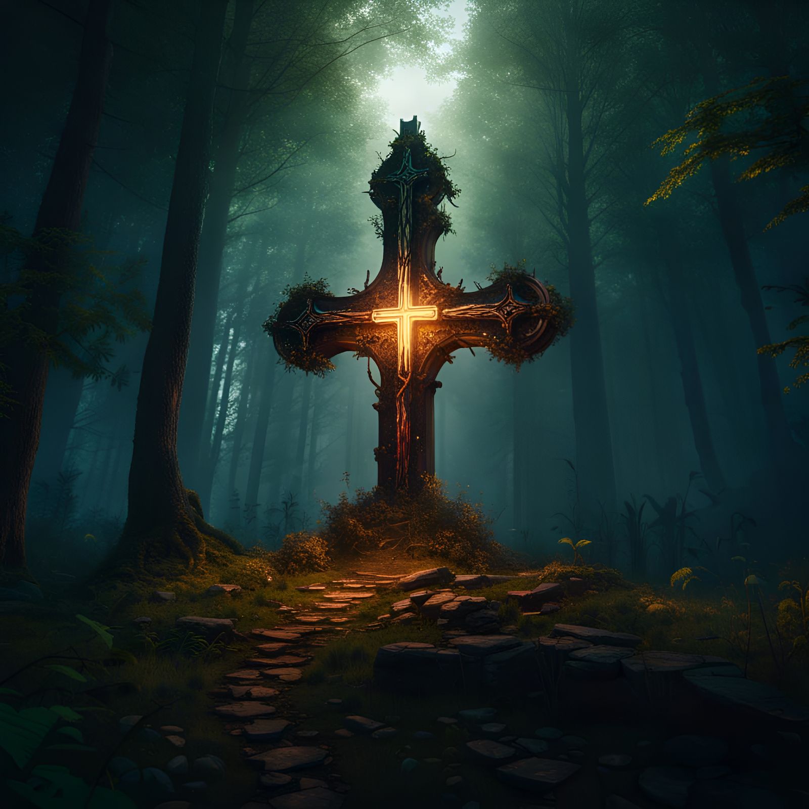Illuminated Cross on Forest Hill, Detailed Matte Painting