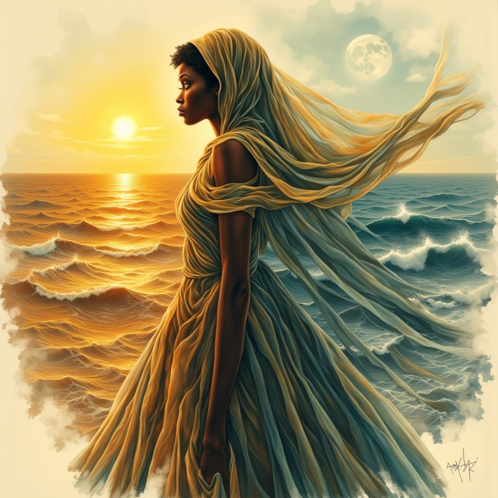 Double Exposure Portrait: Desert and Ocean Merge