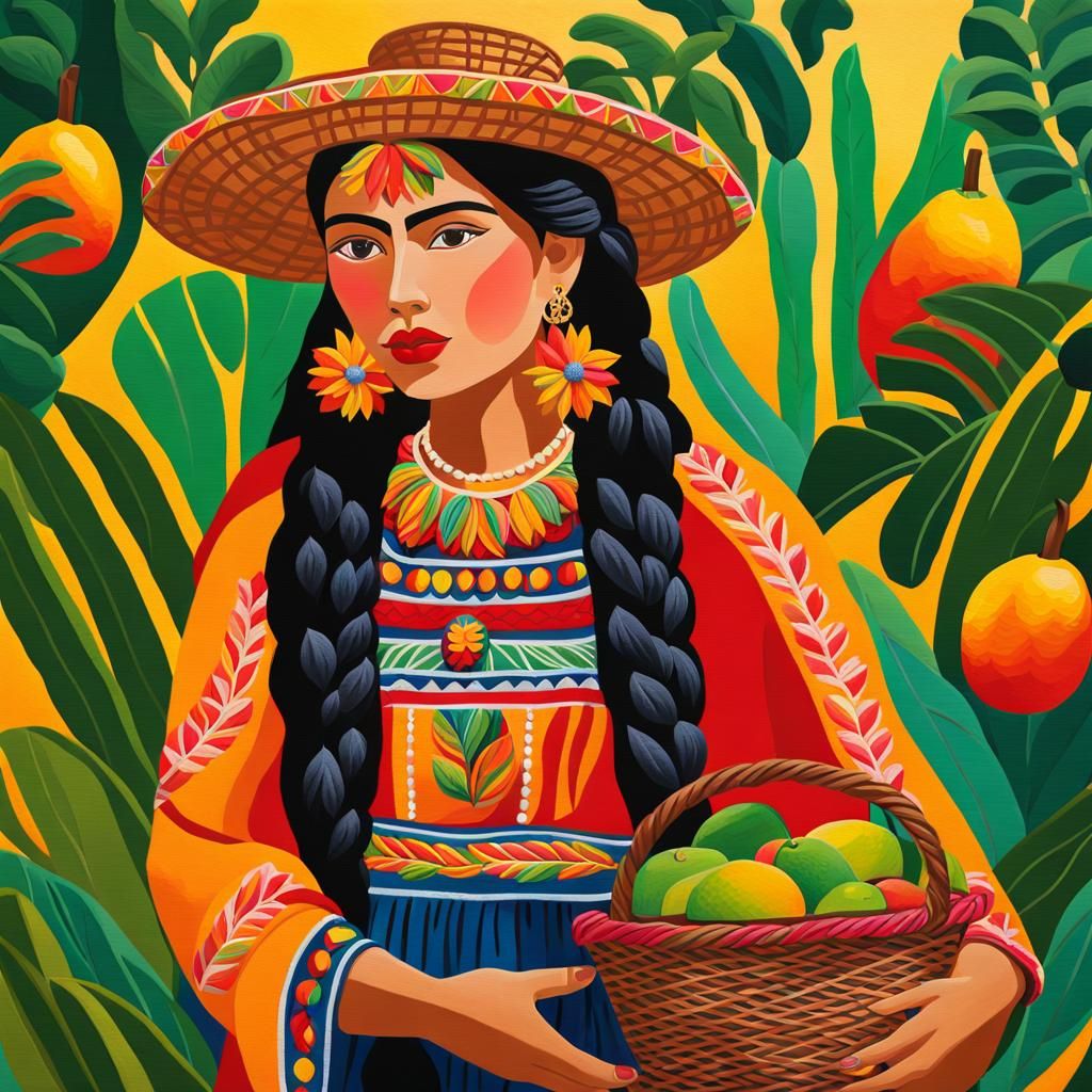Mexican Woman in Mango Orchard, Gouache Folk Art