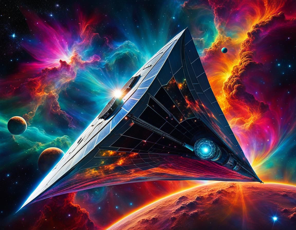 Spaceship Soaring Through Vibrant Nebula