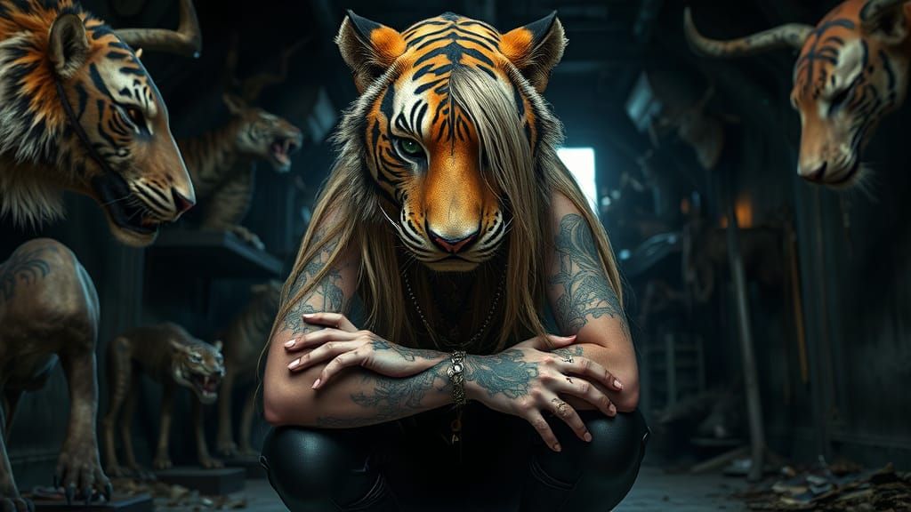 Gothic Woman in Shadowy Taxidermy Shop