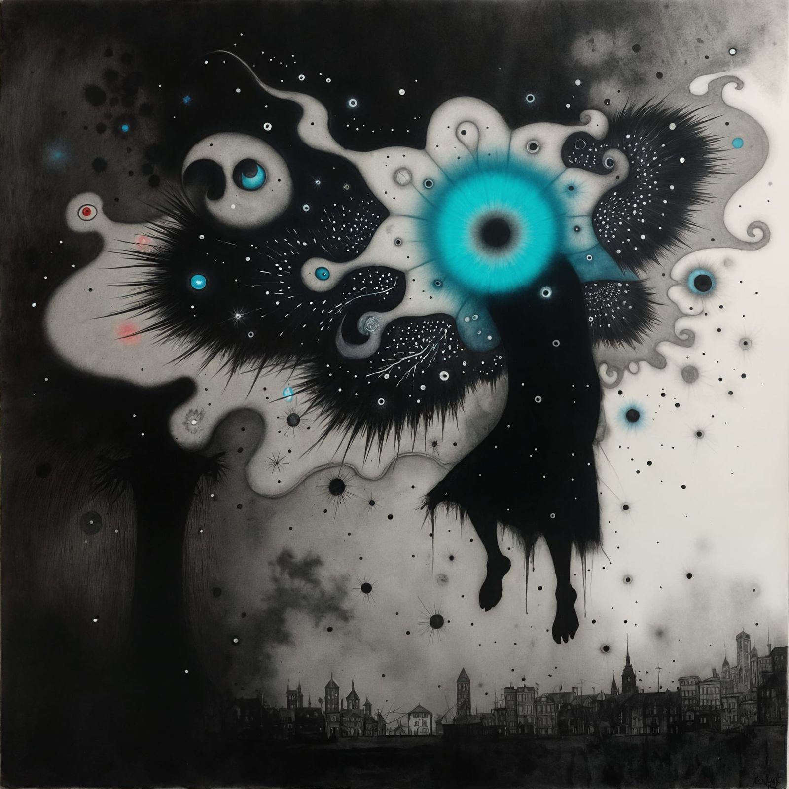 Mothman Versus Platypus in Surreal Charcoal Watercolor