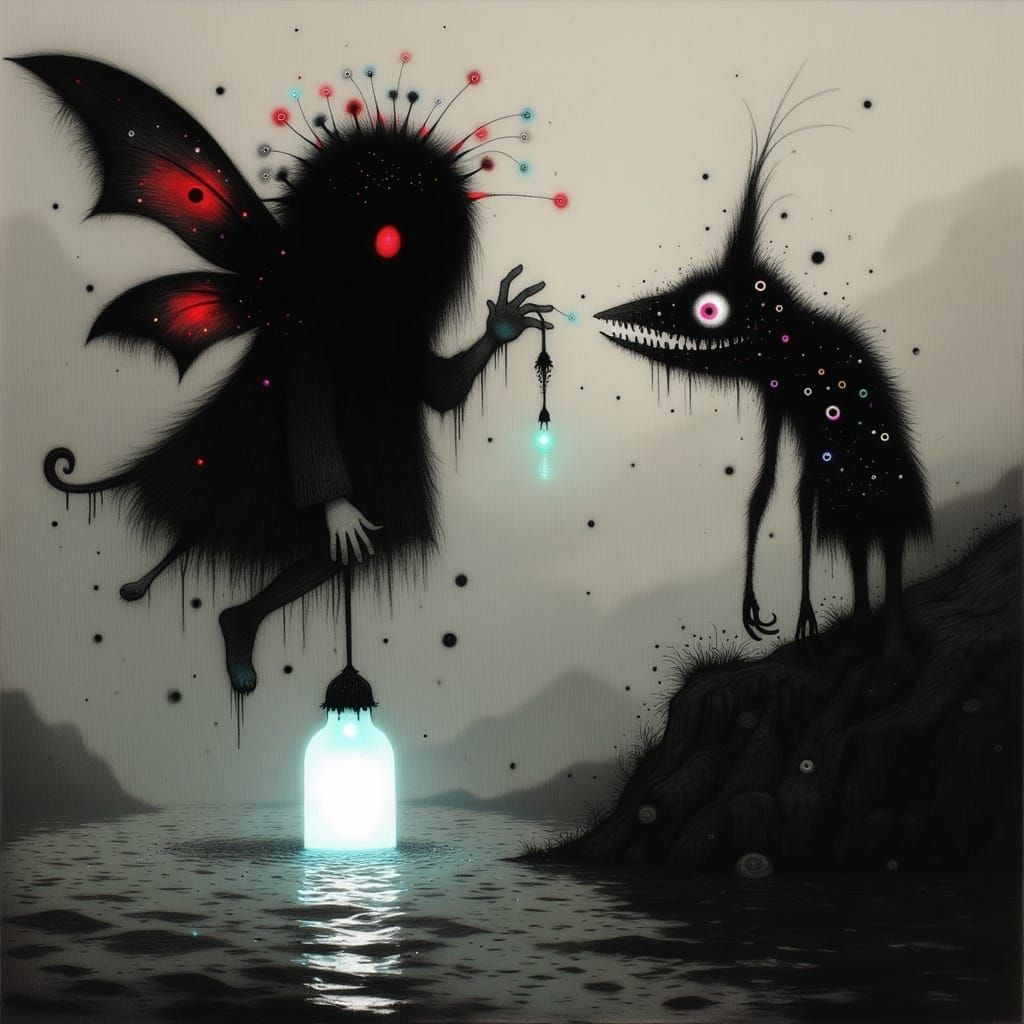Mothman vs. Platypus in Dark Fantasy Landscape